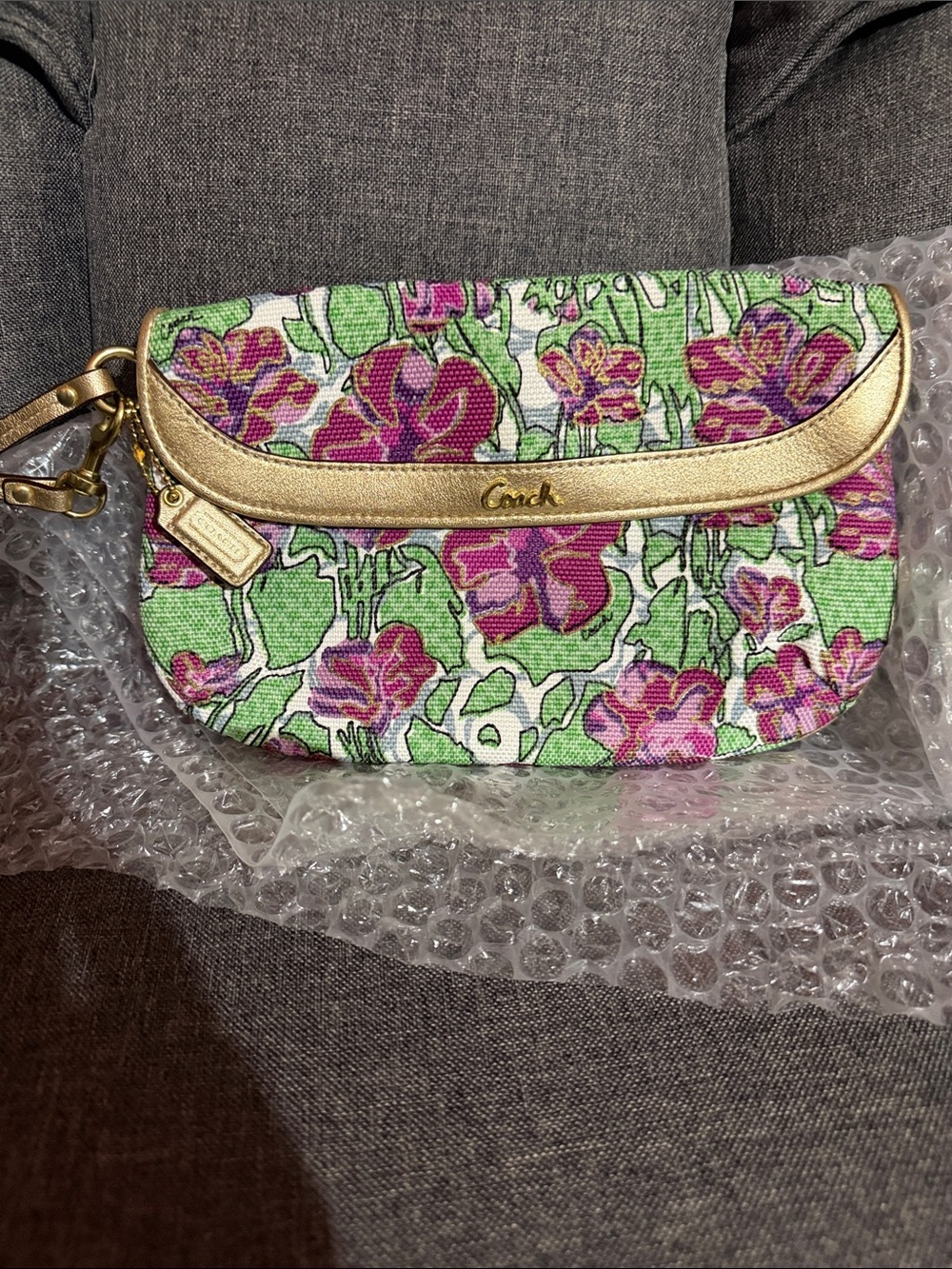 Coach Floral Canvas Wristlet in Green, Pink & Gold